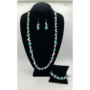 Fresh Water Pearl & Turquoise Colored Gemstone Necklace Bracelet Earring Set